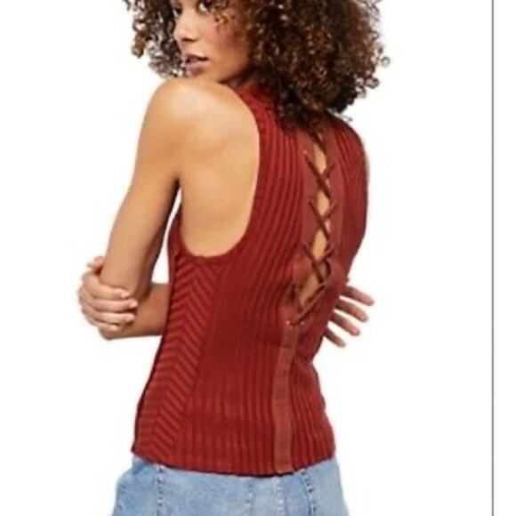 Free People Check It Out Red Wide Ribbed Lace Up Tank Top Size XS - Picture 1 of 6